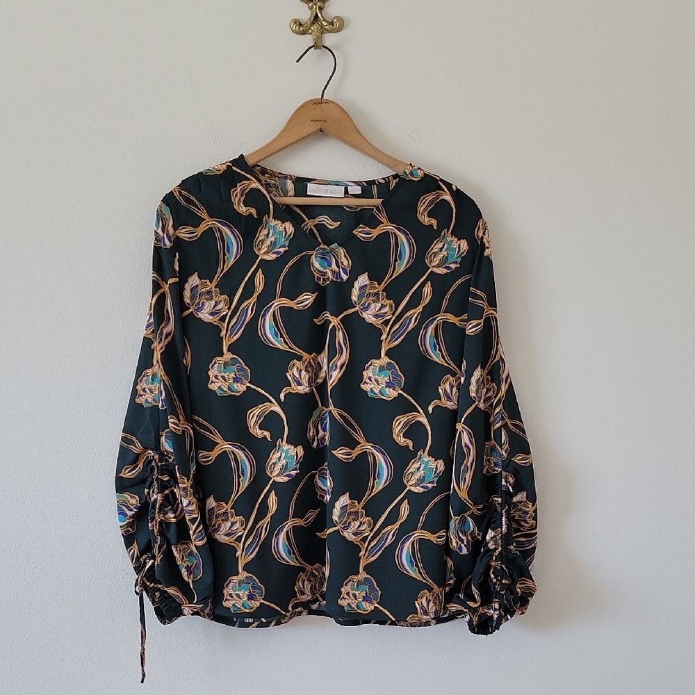 Belle by Kim Gravel Dark Green Stained Glass Fall Floral Blouse Size Medium - Picture 2 of 8